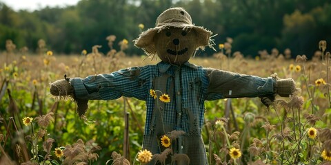 Scarecrow standing in a field to protect crops from birds. Concept Farm, Scarecrow, Crops, Field, Birds - obrazy, fototapety, plakaty