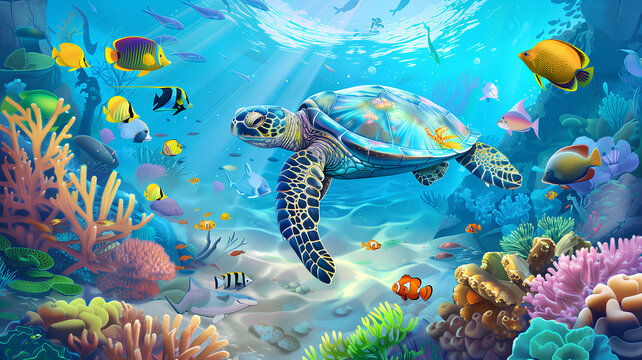 A colorful underwater scene with a turtle swimming in the middle. The turtle is surrounded by a variety of fish and other sea creatures