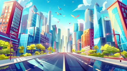 Perspective of a modern city highway in the sky with skyscrapers, high-rise office and housing buildings, birds flying high in a blue sky with clouds, and a blank name plate. - obrazy, fototapety, plakaty