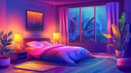 A girly bedroom interior at dusk with a bed and lamp on the nightstand, a large window and plants. Cartoon modern illustration of a girly room decorated for sleeping.