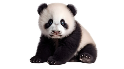 a sitting baby panda cub isolated on a white background or transparent background. PNG