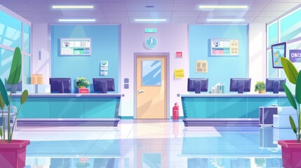 This cartoon scene depicts a waiting area for medical services and healthcare departments with computers on the registration counter, medical equipment, and decorative plants. - obrazy, fototapety, plakaty