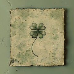 A single four-leaf clover stands out against a cracked paint texture in varying shades of green, illustrating themes of resilience, luck, and the beauty of nature