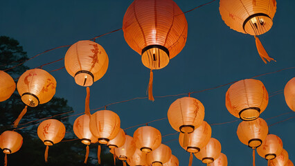 paper lanterns hanging from a wire in the sky - Powered by Adobe