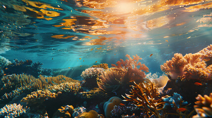 A colorful coral reef with many fish swimming around. The fish are of various colors and sizes, creating a vibrant and lively scene