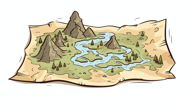 Paper folded map in doodle style for camping hiking.