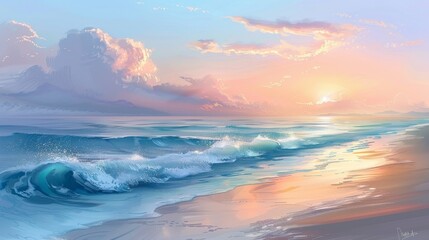 The sun sets over a tranquil beach, its light casting a sparkling glow on the ocean's foam as it washes ashore, creating a magical and serene end to the day. - obrazy, fototapety, plakaty
