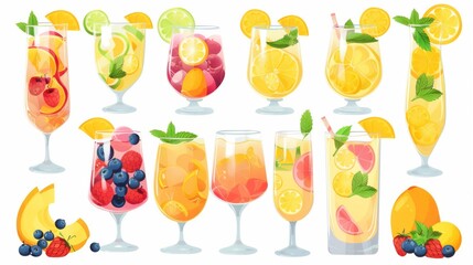 Modern cartoon illustration of lemonade, alcohol, soda drinks with lemon, mango, berries and mint leaves, party menu beverages.