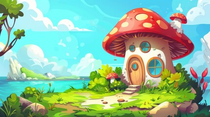 Cartoon illustration of fairytale scenery, fantasy dwarf hut with porch and round windows on land with green grass and bushes, summer seascape, blue sky and blue sky.
