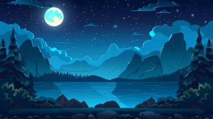 Animated dark landscape with lake in forest at foot of mountain under full moon light. Dusk modern natural scenery with bushes and trees on pond shore, rocky hills, starry sky. - obrazy, fototapety, plakaty