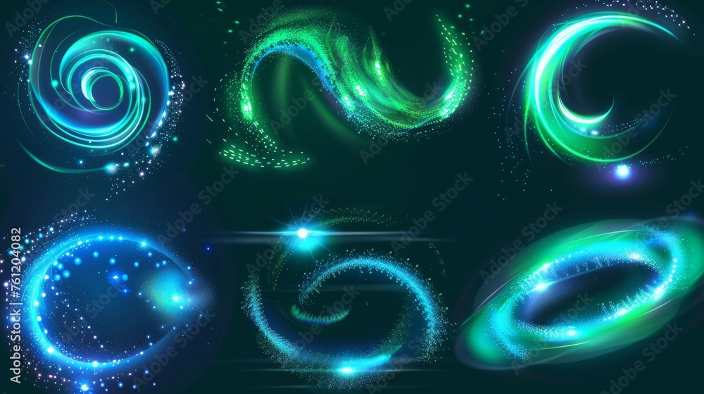 Poster isolated set of neon light effects with sparkling particles, shimmering portals, and energy speed sw