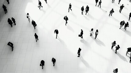 Obraz na płótnie Canvas An overhead view of a group of people wandering through an open space. The scene is set in a city, and the people appear to be going about their daily activities.