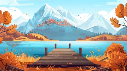 The landscape depicts a wooden pier on a lake at the foot of a mountain capped with snow. Cartoon modern illustration shows orange and brown grass, bushes, and trees on the shore of a pond. - obrazy, fototapety, plakaty