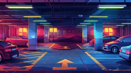 Cercles muraux Voitures de dessin animé A cartoon modern illustration of parked automobiles at night in an underground parking garage with arrows, cement and columns.