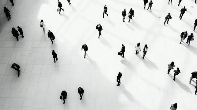 An overhead view of a group of people wandering through an open space. The scene is set in a city, and the people appear to be going about their daily activities.
