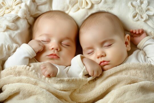 Two babies are sleeping in a bed with a beige blanket. The babies are very small and have their eyes closed
