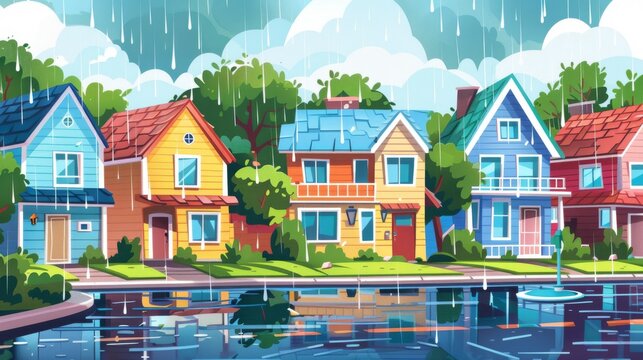 The suburbs with cottages, yards, and trees on a rainy day. Cartoon modern illustration of cityscape street with private family home.