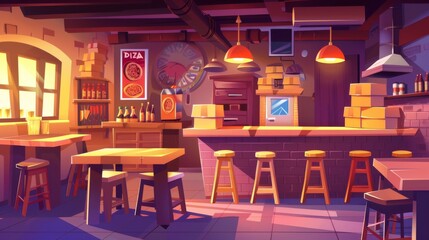 The interior of a pizza restaurant includes tables and chairs, stacks of cardboard boxes for delivery, food and drinks. Cartoon modern illustration of the room of a pizza restaurant. - obrazy, fototapety, plakaty