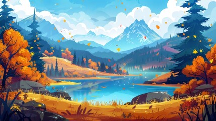 Illustration of blue lake in autumn mountain valley with trees around it, yellow grass and bushes on the hills, golden leaves flying in the wind, cloudy cold sky, beautiful scenery.