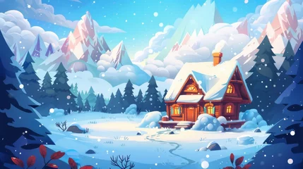 Gardinen Snowy winter landscape with wooden house in forest near mountains. Snow covered cottage made of wood. Modern illustration of a natural landscape for camping and outdoor vacations. © Mark