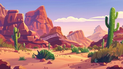In the Arizona desert, brown rocks and sand dune hills are dotted with green cactus, grass, and camels on sunset and sunrise. A cartoon scene with wild cacti and animals in the desert is accompanied - obrazy, fototapety, plakaty