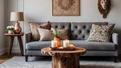 Inviting apartment living room with a modern bohemian flair, showcasing a light gray settee, ornamental pillows, a timber table with candle decor, and natural embellishments Generative AI - obrazy, fototapety, plakaty