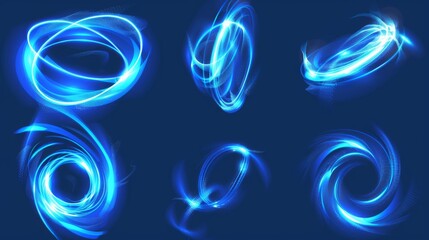 Waved neon lights with swoosh effects. Realistic modern illustration set of glowing swirl lines. Flare circular and vortex spins. Abstract 3D glow twirling trail. - obrazy, fototapety, plakaty