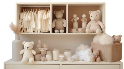 A well-organized nursery shelf with plush toys, knitwear, and delicate baby accessories on transparent background. PNG file