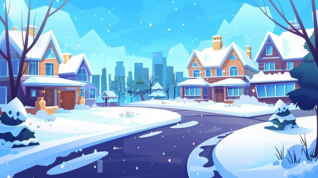 A suburban landscape in winter - a snowy cartoon cityscape with a countryside house on a street with trees, a road, and a driveway against the silhouette of a city multistory building.