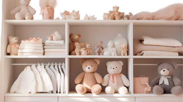A well-organized nursery shelf with plush toys, knitwear, and delicate baby accessories on transparent background. PNG file