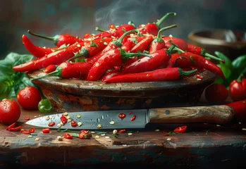 Fotobehang Red hot chili peppers in bowl © Анна Терелюк