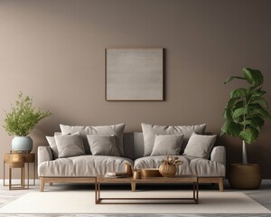 gray sofa in brown living room with copy space