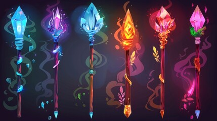Cartoon modern illustration set of wizard's scepter with neon gem stone decorations, smoke, and powerful crystal. The enchantment stuff of the sorcerer. - obrazy, fototapety, plakaty