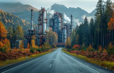 A large factory. Asphalt road through the forest in mountains - obrazy, fototapety, plakaty