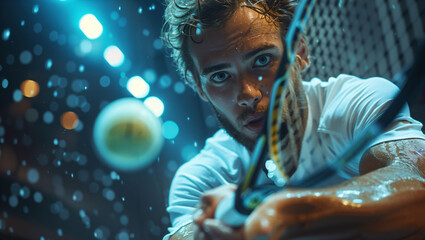 Squash game action, intense focus, ball speed, enclosed court atmosphere