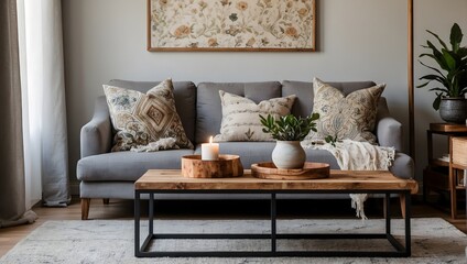 Inviting apartment living room with a modern bohemian flair, showcasing a light gray settee, ornamental pillows, a timber table with candle decor, and natural embellishments Generative AI