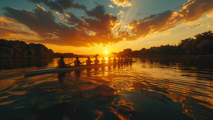 Rowing team in sync, sunrise on the water, teamwork, reflection