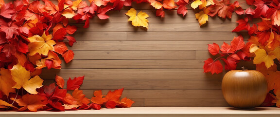 Autumn leaves background. Autumn background with wooden planks. Autumn podium.