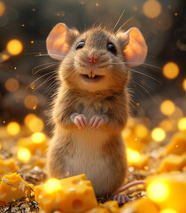 Cute little mouse stands on hind legs on the cheese in the cheese forest