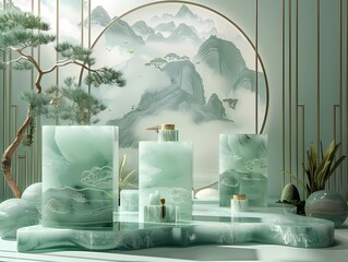 Various green jade column podium with Chinese land scape painting in Chinese interior studio scene,  for advertising poster, product display scene and product presentation. 