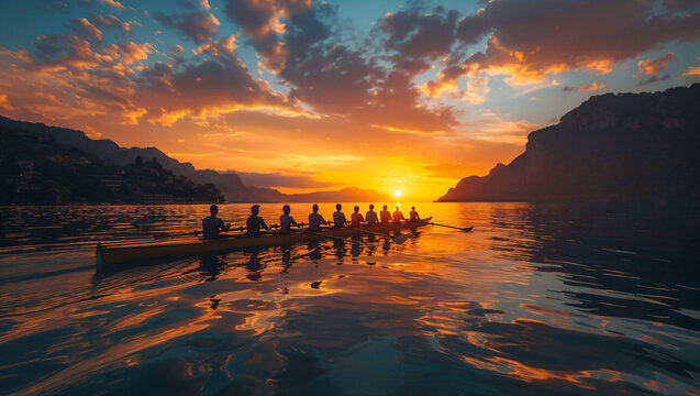 Rowing team in sync, sunrise on the water, teamwork, reflection