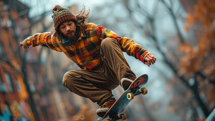 Skateboarder in mid-air trick, urban setting, graffiti background