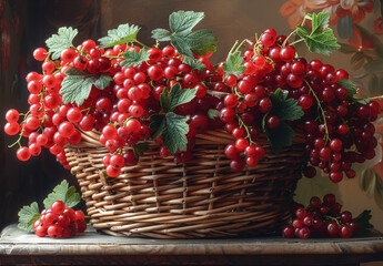 Basket with red currants on the table