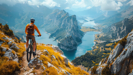 Cyclist on a challenging mountain trail, determination, natures grandeur - obrazy, fototapety, plakaty