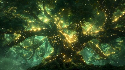 Glowing Lights Forest Tree in Sci-Fi Baroque Style, To provide a captivating and imaginative background for a variety of applications, including