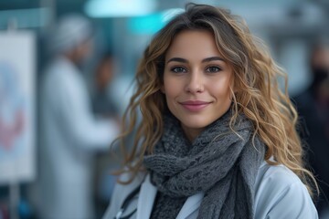 A young attractive woman with wavy hair and a warm scarf smiles casually in an outdoor urban setting