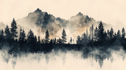 An abstract landscape background in vintage style with a mountain forest with silhouette hill template and a brush stroke texture. Pine tree element.