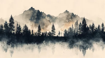 Fototapete Wald im Nebel An abstract landscape background in vintage style with a mountain forest with silhouette hill template and a brush stroke texture. Pine tree element.
