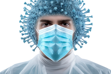 Man Wearing Surgical Mask and Protective Clothing. On a Transparent Background.