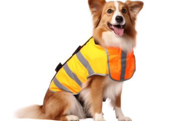 Dog Wearing Reflective Vest Sitting Down. On a Transparent Background.